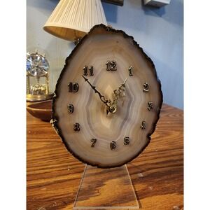 Vintage Amethyst Agate Slice Polished Desk Clock, Gold Accents, Tested
